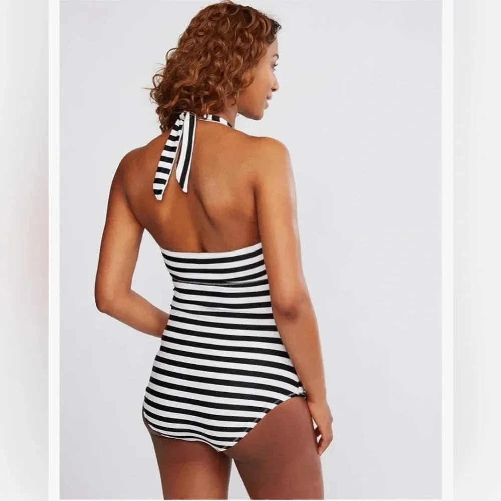 NWT Motherhood Maternity Beach Bump One Piece Swimsuit Black White Stripe Halter - Picture 2 of 8